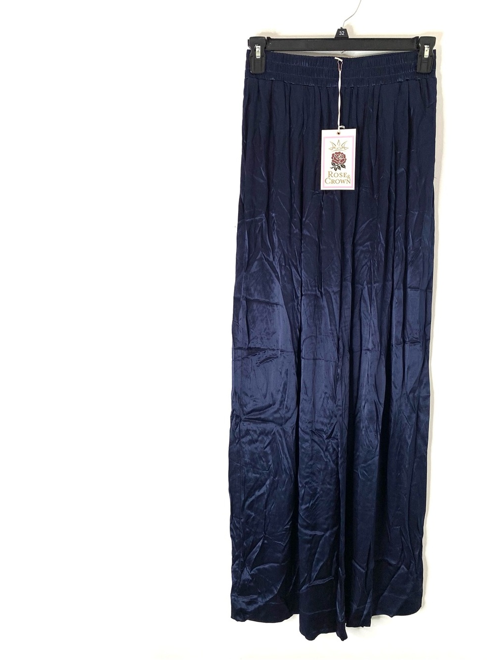 NWT Navy Satin Wide Leg Palazzo Pants High Rise Flowy Rose & Crown